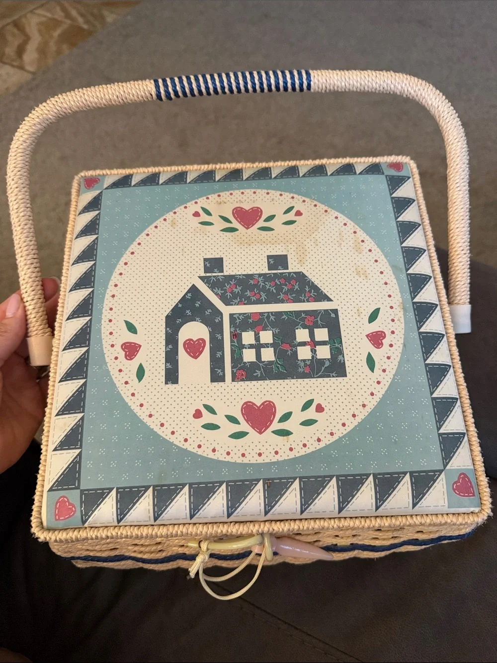 Decorative Country Cottage Sewing Basket - Blue and Cream